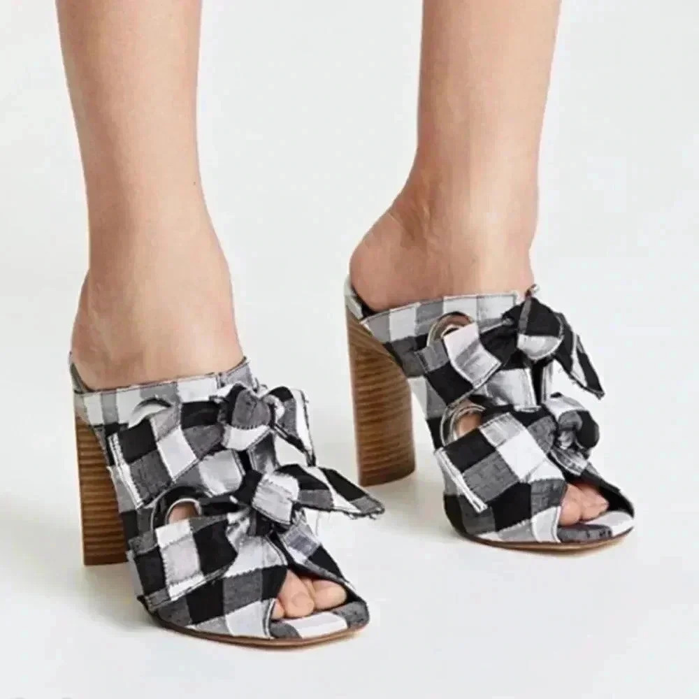 Miista Aldene Plaid Black White Bow Heel Sandals Designer Summer Scandi Girl